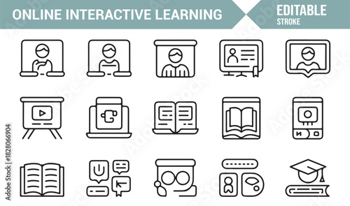 Online education and interactive e-learning outline icon set