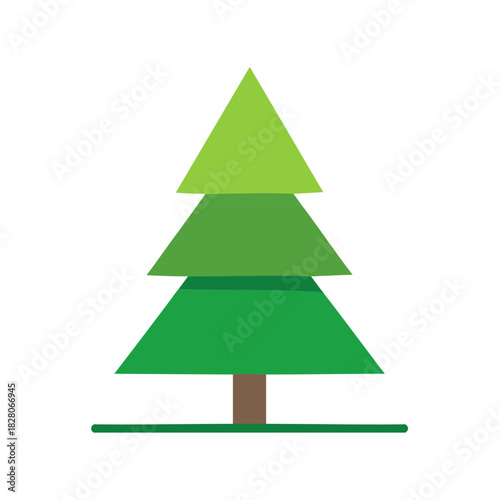 Stylized green pine tree with brown trunk and simple ground line