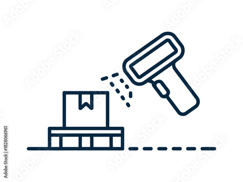 A barcode scanner reads a package on a conveyor belt in a warehouse.