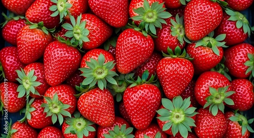 Close up of ripe red strawberries with green leaves 1