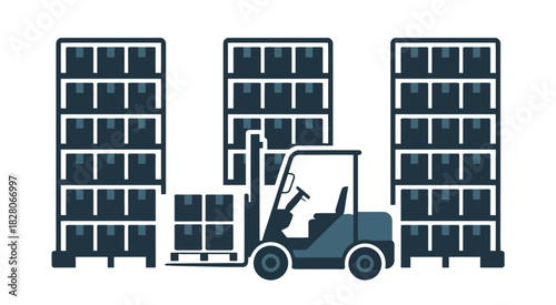 A forklift moves boxes between tall shelves in a warehouse.