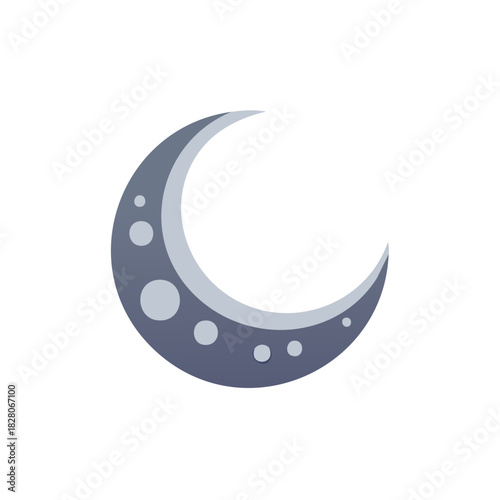 Stylized blue gray crescent moon graphic icon with craters representing night sky and celestial body