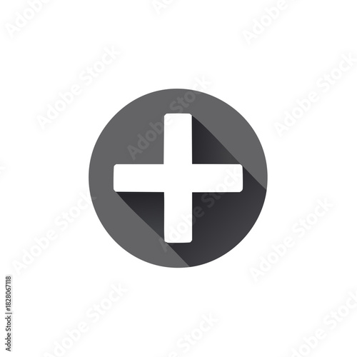 Modern white plus symbol in dark grey circle with long shadow for UI and adding features.