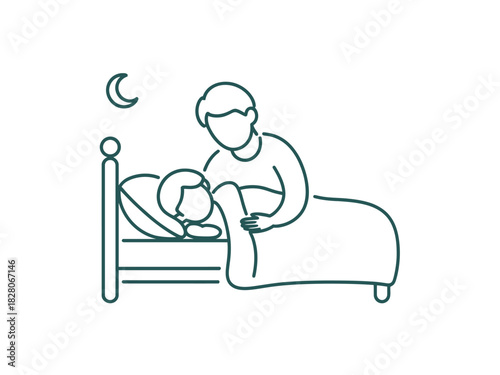 A parent tucks a child into bed under the moonlight.