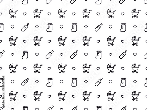 A repeating pattern of baby-related icons including strollers, bottles, and socks.