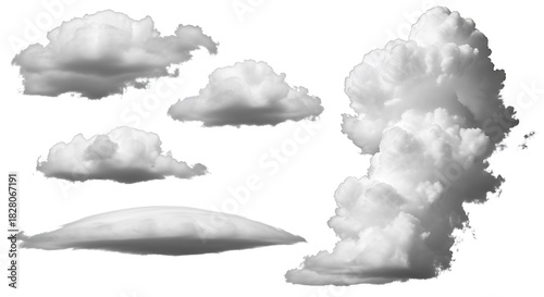 Collection of five gray scale clouds on white background