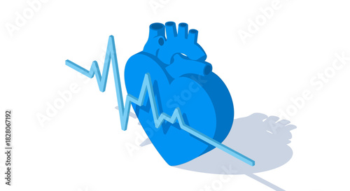 Blue heart with cardiograph wave symbolizing health and wellness in isometric design