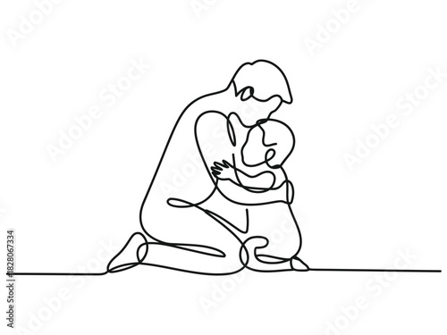 A parent's embrace of love and comfort for their child is depicted in continuous line art.