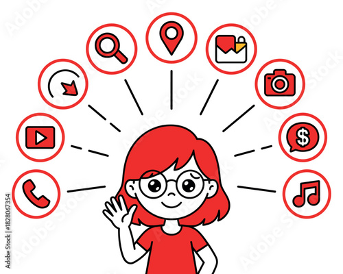 A person waves happily surrounded by various digital icons representing technology and communication.