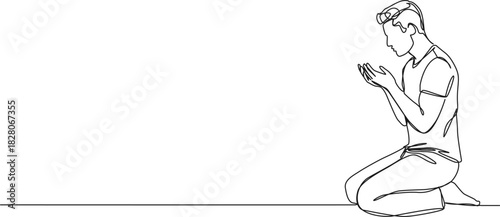 continuous line drawing of man kneeling on ground praying, line art vector illustration