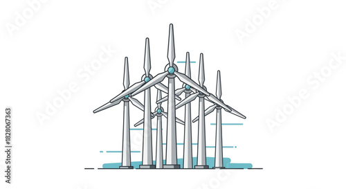 Linear wind turbines: sustainable energy concept with blue accents