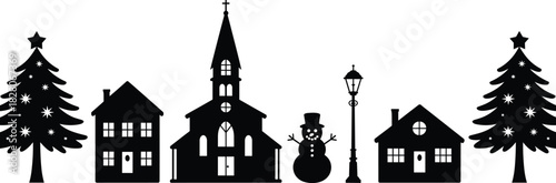 Christmas winter village silhouette landscape featuring church houses snowman street lamp and pine trees vector illustration banner.