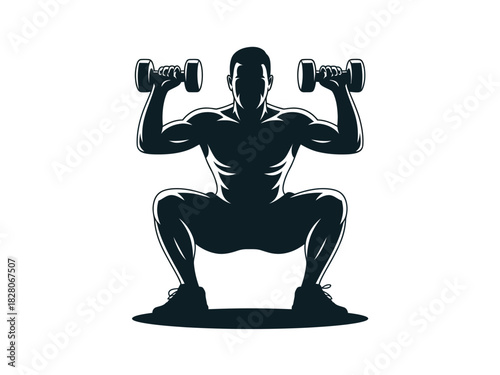 A silhouette of a person performing a dumbbell squat in a gym setting.