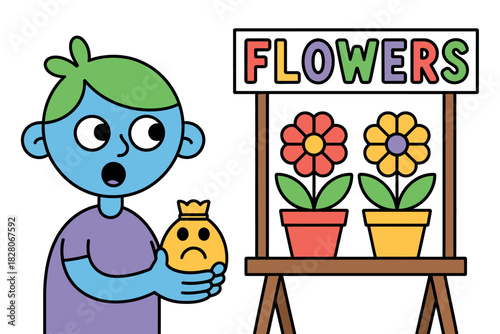 A person holding a sad money bag looks at flowers for sale at a stand.