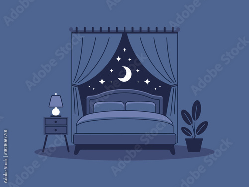 A cozy bedroom scene is illuminated by moonlight and stars through the window at night.