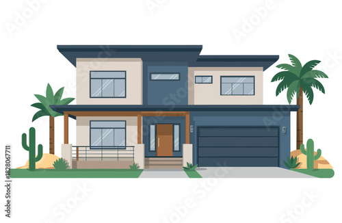 A modern, two-story house with a garage and desert landscaping.