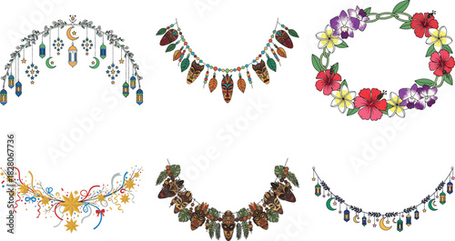 Collection of decorative garlands and wreaths, isolated on transparent background festive design elements