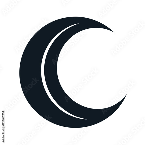 Crescent Moon Icon Illustration, Ramadan Kareem Decoration, Symbol of Islam, Half Moon Shape, Dark Blue and White Color Scheme