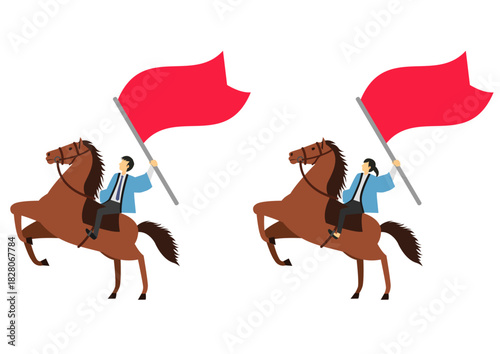 馬に乗り旗を持つ青い法被を着た男性と女性のセット
