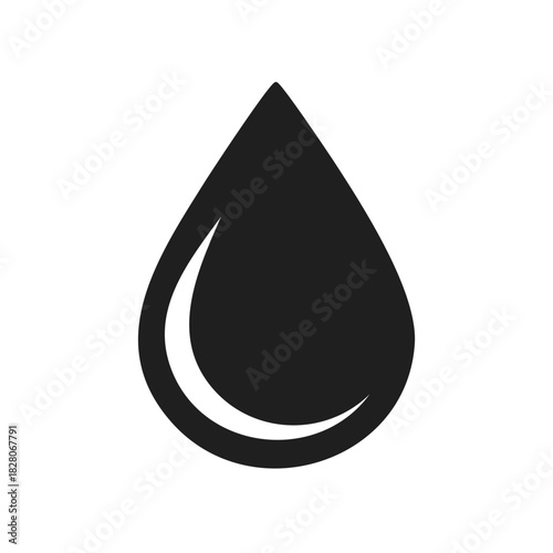 Black fluid drop icon with reflection, water droplet symbol isolated on white background, minimalistic style