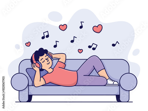 A person enjoys listening to music while relaxing on a couch at home.
