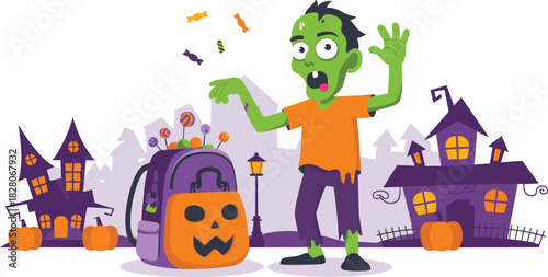 Horizontal Halloween banner featuring surprised zombie boy with pumpkin backpack full of candy in spooky town vector illustration.