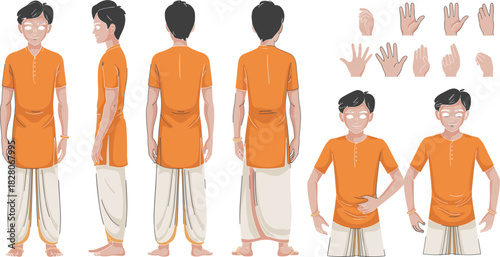 Indian man character construction sheet wearing traditional kurta and dhoti with different views and hand gestures vector.