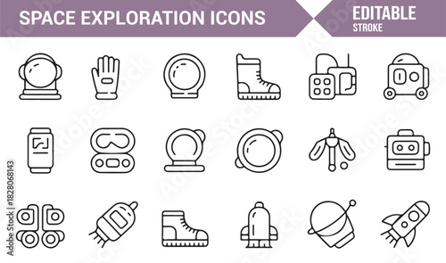 Astronaut gear and spacecraft equipment outline illustrations