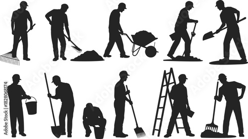 Set of construction worker silhouettes performing manual labor tasks with shovel rake and wheelbarrow vector illustration collection.