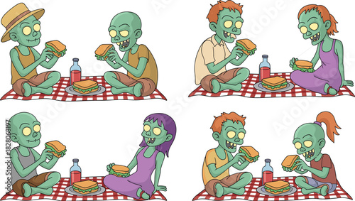 Set of cartoon zombie couples and friends having a picnic eating sandwiches on checkered blanket vector illustration.