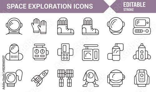 Clean monoline icons of space suits, controls, and exploration gear