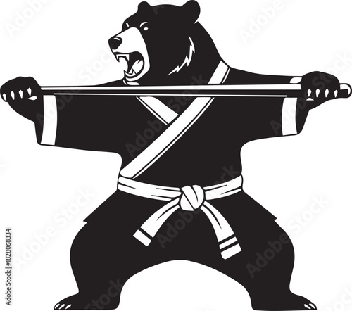 Martial arts bear in gi holding a bo staff