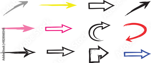 Vector illustration of collection of diverse arrow icons and symbols in various styles and colors