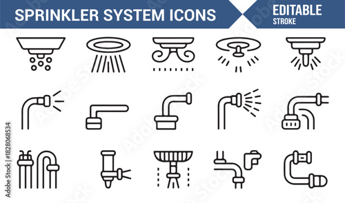 Plumbing connectors, pumps, and sprinkler tools in outline style