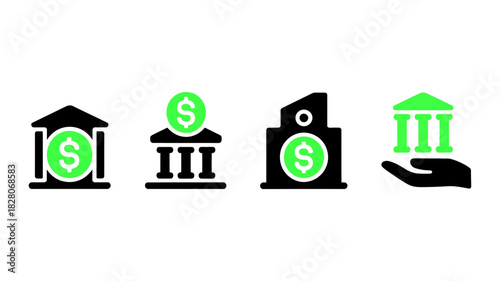 Set of four stylized bank and finance building icons with dollar signs