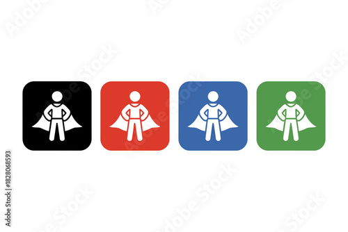 Set of four superhero icon badges in black, red, blue, and green colors