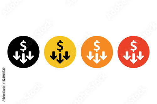 Set of four circular icons showing dollar sign with downward arrow indicating price drop or cost reduction