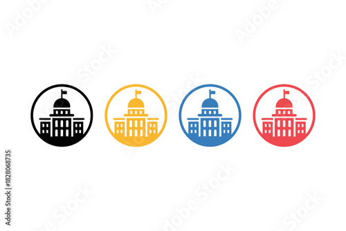 Set of four government building icons in black, yellow, blue, and red colors