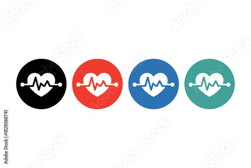 Set of four heart icon with electrocardiogram line representing heartbeat