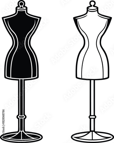 Set of black dressmaker mannequins with various stand designs. Silhouettes of tailor dummies for fashion, sewing, or boutique design on white background.