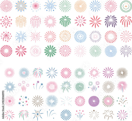 Collection of colorful fireworks isolated on white background for celebration