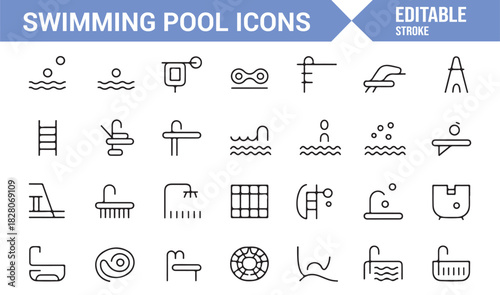 Water activity and swimming pool infrastructure icon bundle