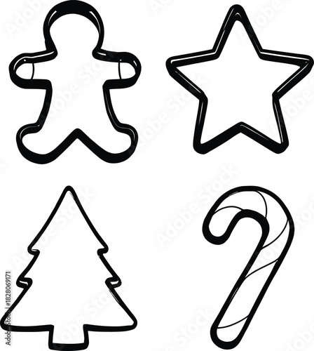Black Outline Vector of Four Festive Cookie Cutter Shapes Featuring Gingerbread Person, Star, Tree, and Candy Cane for Holiday Baking and Craft Design