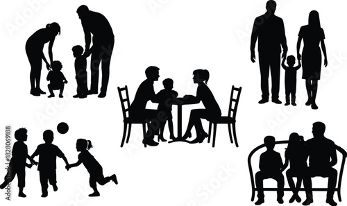 Set of happy family silhouettes featuring parents with kids playing ball sitting at table and walking together vector illustration.