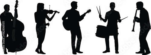 Set of musician silhouettes playing double bass violin guitar drums and clarinet vector illustration isolated on white background.