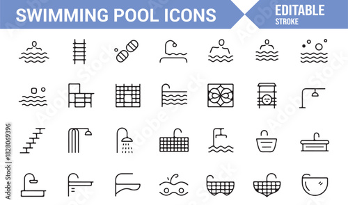 Swimming pool outline icon collection with ladders, slides, and swimmers