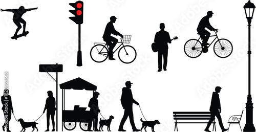 Set of urban street silhouettes featuring cyclists dog walkers skateboarder and street elements vector illustration collection isolated.