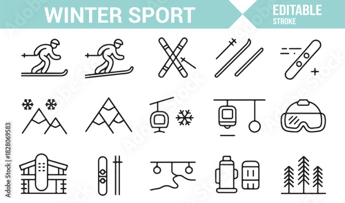 Outdoor winter adventure icons in crisp minimalist outline style