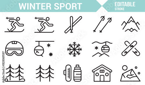 Winter recreation line icon collection with slopes and equipment