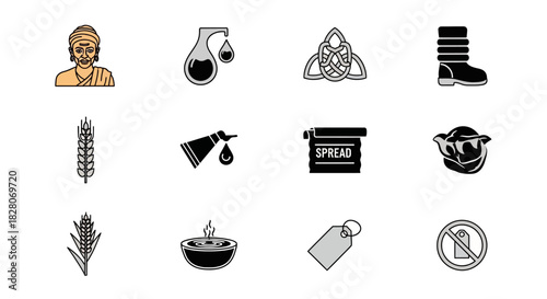 Diverse icon set featuring mythical symbols, food elements, and prohibition signs in flat style